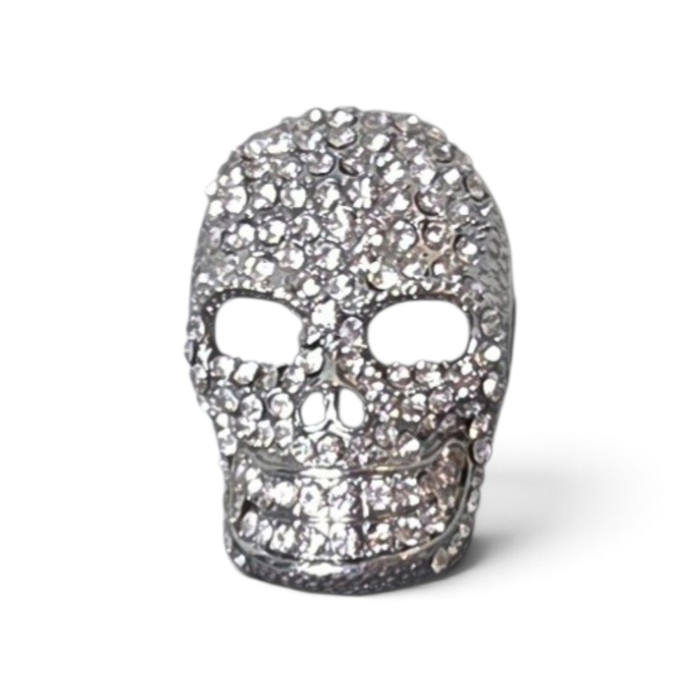 Silver Tone Rhinestone Skull Brooch Pin Pave Crystal Gothic Statement Jewelry